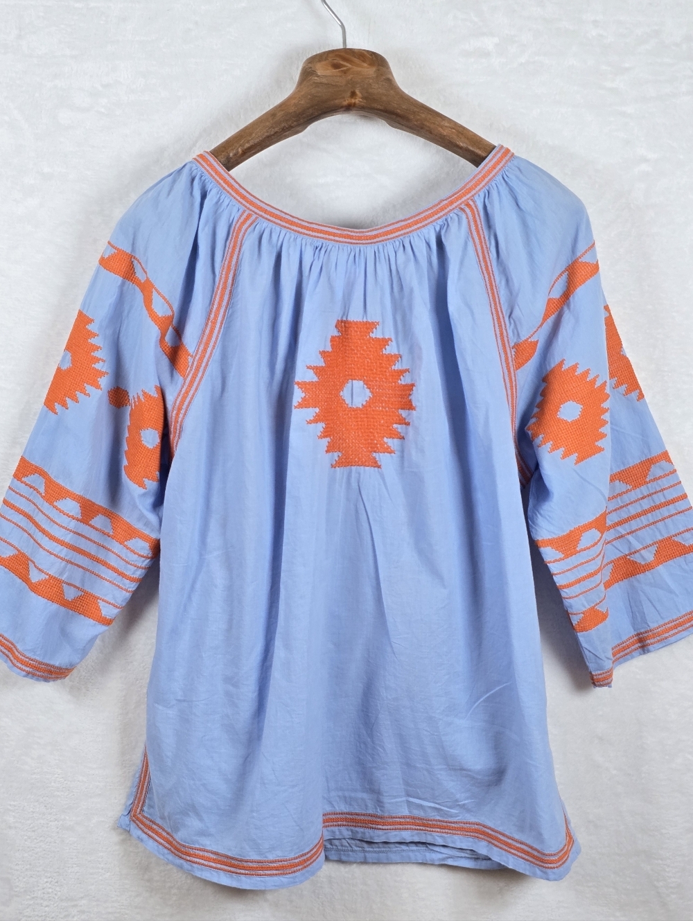 Gretchen Scott Montezuma Tunic Light Blue Orange Embroidered Cotton Boho Top XL - Picture 8 of 14